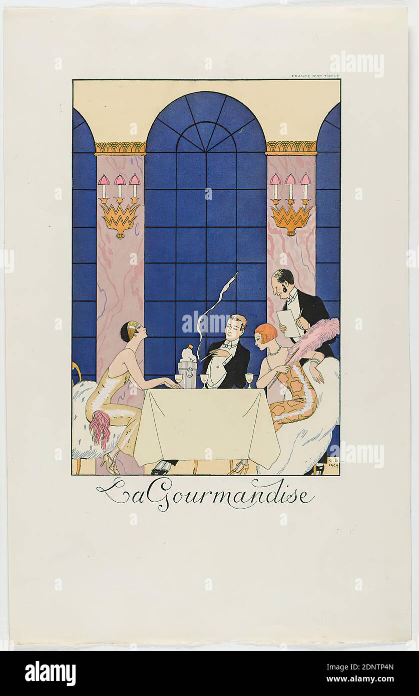 George Barbier, Meynial éditeur, Paris, la Gourmandise, de la mode almanac Falbales et Fanfalluches 1925, papier fait main, aquarelle opaque, gravure, impression de pochoir (pochoeur), pochoeur et gravure, taille de la feuille: Hauteur: 25.4 cm; largeur: 16 cm, monogrammé, inscrit et daté: Dans la plaque d'impression: G. Gourmane 1924, inscrite: B. Dans la plaque d'impression: FRANCE XXe SIECLE, graphiques, nourriture et boissons, restaurant, femme, homme, personnel domestique, serviteur, art déco Banque D'Images
