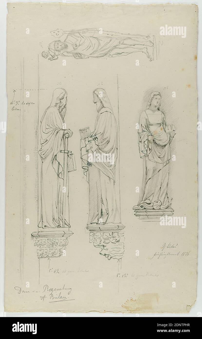 Theodor Bülau, Cathédrale, Ratisbonne. Quatre saints. Figures debout sur consoles, papier, crayon, dessin, taille de la feuille: Hauteur: 35,5 cm; largeur: 22,2 cm, signé et daté: Recto: En plomb: TH. Bülau, printemps 1836, inscrit: Recto: En chef: Cathédrale de Regensburg, A. Bülau, libre graphique (dessin, graphique), sculpture, sculpture, art de sculpture, saints, détails architecturaux, façade (bâtiment d'église), Christophorus Banque D'Images