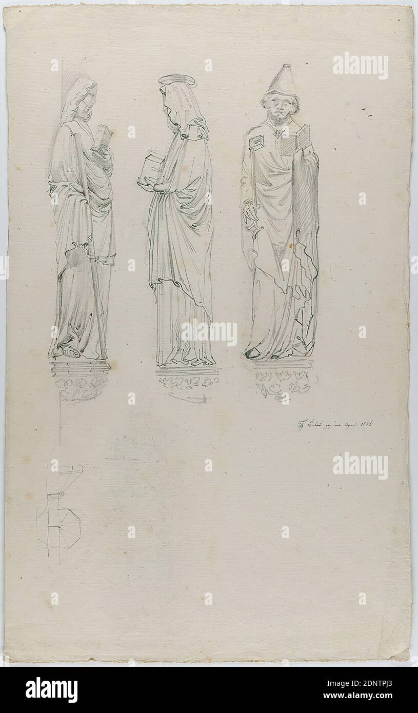 Theodor Bülau, Cathédrale, Ratisbonne. Trois saints. Figures debout sur consoles, papier, crayon, dessin, taille de la feuille: Hauteur: 36 cm; largeur: 22 cm, signé et daté: Recto: In Ink: TH. Bülau a signé en avril 1836, libre graphiques (dessin, graphiques), sculpture, sculpture, art de sculpture, saints, détails architecturaux, bâtiment d'église et de l'équipement (bâtiment sacré Banque D'Images