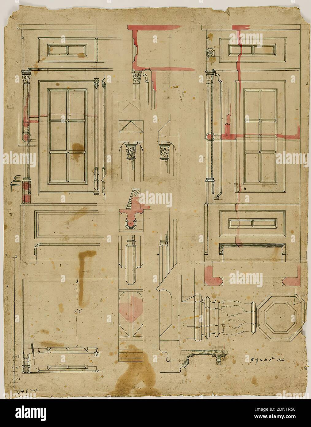 Theodor Bülau, dessin d'une armoire, papier, stylo, encre, crayon, aquarelle non-opaque, stylo et encre, couleur, taille de la feuille: Hauteur: 53 cm; largeur: 41,5 cm, inscrit et daté: Recto: Dans l'encre: HB. ♄ [Saturnsymbole] den 21ten XBER 1844, en chef: I 19 Herstedt, diverses esquisses IV, dessins de conception, armoire, colonne, pilier (architecture), mobilier et articles ménagers Banque D'Images