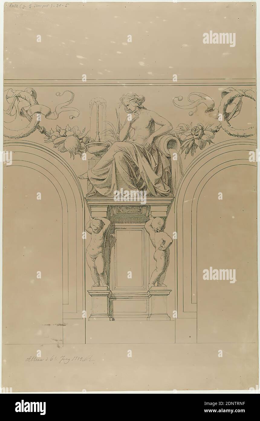 Gottfried Semper, Carl Gottlieb Rolle, sgraffito décorations sur le bâtiment résidentiel et de bureau du pharmacien Wilhelm Semper, Hambourg. Personnification de l'eau, 2ème étage, vieux stock, probablement un 1903, carton, encre, dessin au stylo et à l'encre, taille de la feuille: Hauteur: 44.3 cm; largeur: 29.2 cm, monogrammé, inscrit et daté: Recto: Dans l'encre: Altona a. 6.tn Juny 1844 CR, inscrit: Recto: En plomb: Rolle (zu G. Semper[-71])-21-5, timbre sec: Recto: ATELIER, POUR L'ARCHITECTURE ET L'INDUSTRIE, B. Banque D'Images