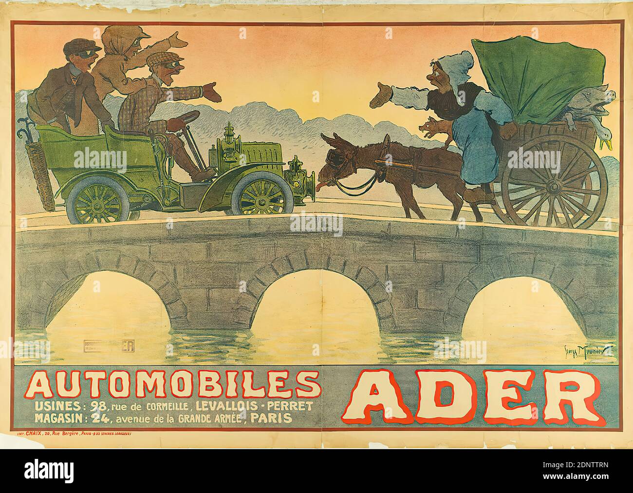 Georges Meunier, imprimerie Chaix, automobiles Ader, papier, lithographie, total: Hauteur: 110 cm; largeur: 157,3 cm, signé: u. r. dans la plaque d'impression: Georges Meunier, publicité de produits et d'affaires (affiches), voiture, automobile, âne, développement, évolution Banque D'Images