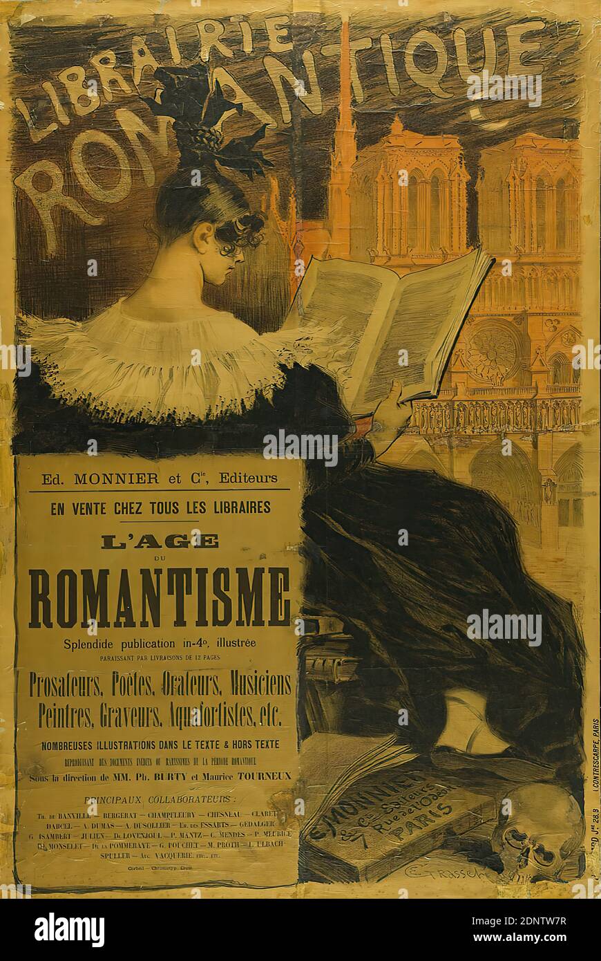 Eugène Grasset, imprimerie J. Bognard, Librairie romantique, papier, lithographie, total: Hauteur: 128,5 cm; largeur: 85,5 cm, signé: Bas à droite en imprimé: E. Grasset, publicité produit (affiches), publicité produit et affaires (affiches), femme, architecture, crâne, livre Banque D'Images