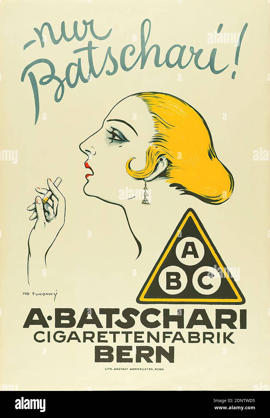 Lith. Anstalt Armbruster, Ivo Puhonny, Nur Batschari!, papier, lithographie, total: Hauteur: 127,3 cm; largeur: 88,7 cm, signé: u. li. Dans la plaque d'impression: IVO PUHONNÝ, publicité de produit (affiches), femme, cigarette, marque, biens, logo de compagnie Banque D'Images