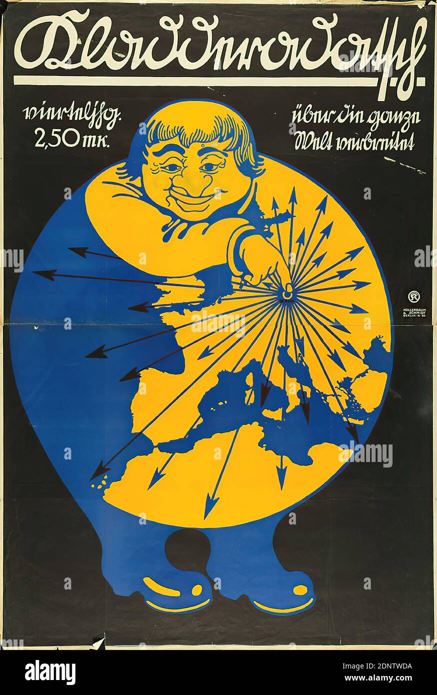 Julius Klinger, Hollerbaum & Schmidt, Kladderadatsch répartis dans le monde entier, lithographie, total: Hauteur: 140 cm; largeur: 95 cm, monogrammé: Centre à droite dans la forme d'impression: K, publicité de produits et d'affaires (affiches), terre, monde, caricature, lettres, alphabet, police Banque D'Images