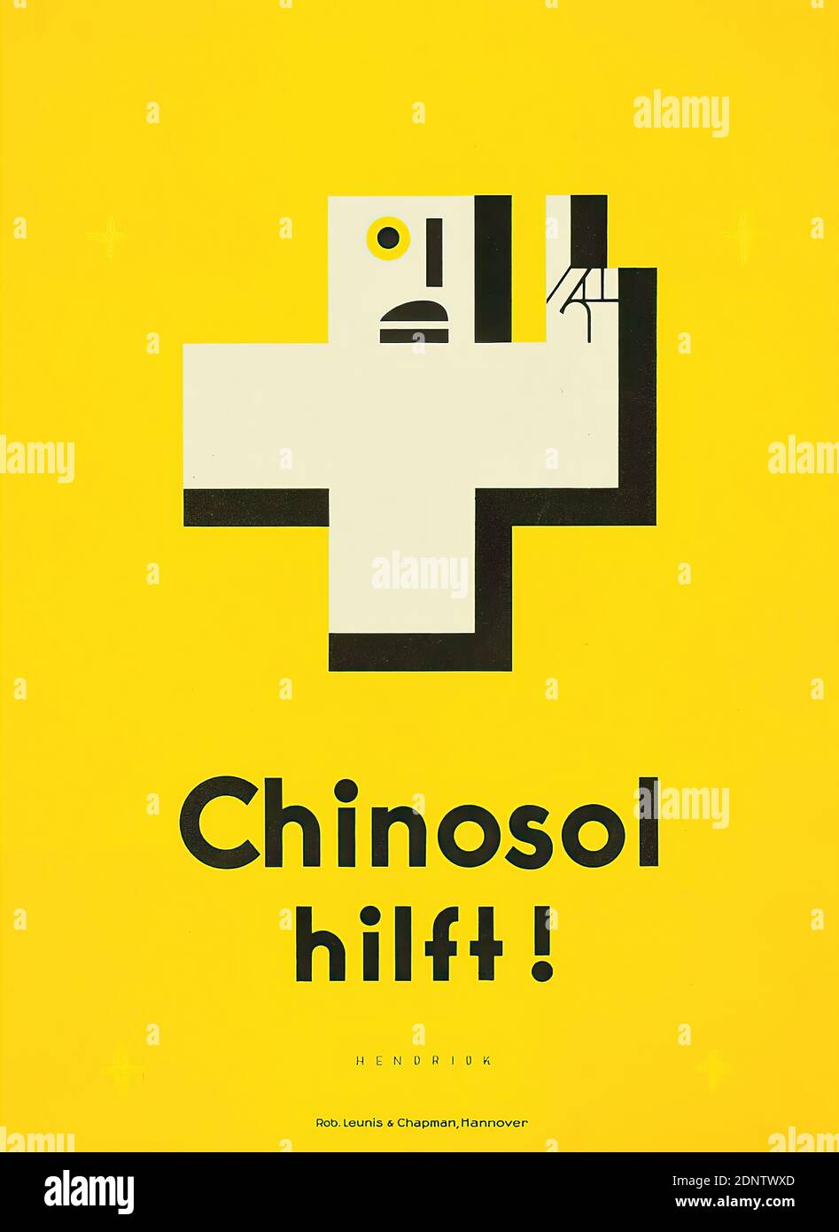 Robert Leuni & Chapman, Fred Hendriok, Chinosol hilft!, lithographie, total: Hauteur: 35 cm; largeur: 25,2 cm, inscrit: Recto U. im Druck: HENDRIOK, publicité de produits et d'affaires (affiches), publicité de produits (affiches), symbole, emblème, symbole de médecine Banque D'Images
