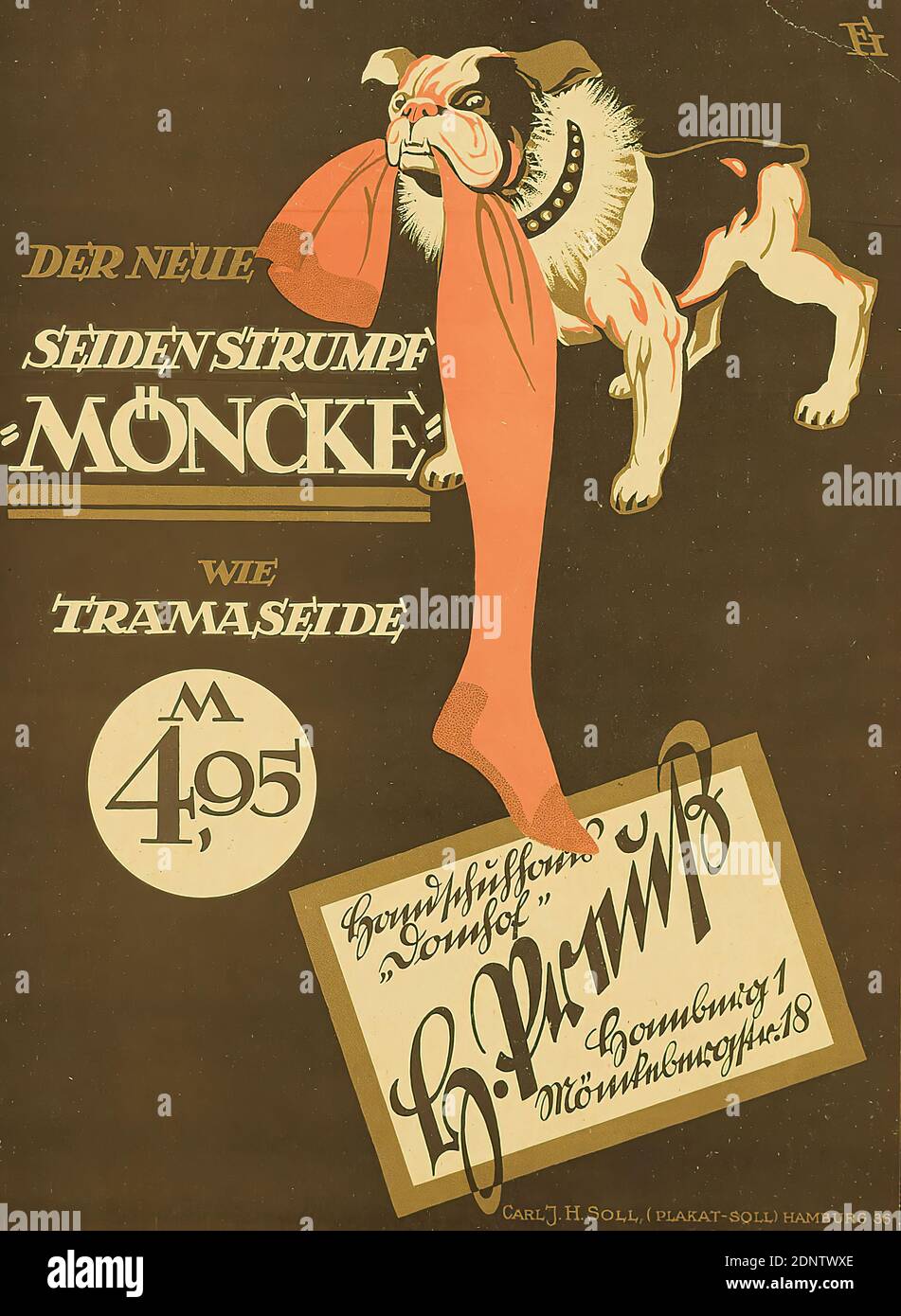 Ottomar Anton, Fred Hendriok, Carl J. H. Soll, Monks de soie, lithographie, Total: Hauteur: 31 cm; largeur: 22.5 cm, monogrammé: Recto O. re. En imprimé: FH, publicité de produits et d'affaires (affiches), publicité de produits (affiches), mode, chien, publicité, publicité, publicité, industrie textile/habillement, bas, chaussettes, affiche verso Mehr Rücksicht par Ottomar Anton (1895-1976 Banque D'Images