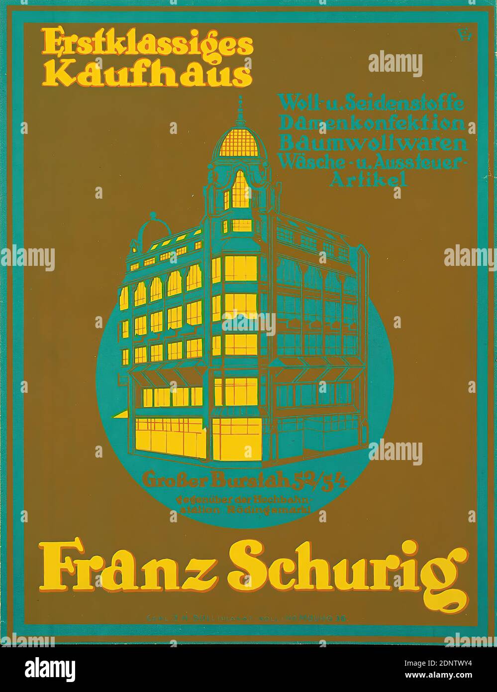Fred Hendriok, Carl J. H. Soll, First Class Department Store Franz Schurig, lithographie, Total: Hauteur: 30,5 cm; largeur: 23,5 cm, monogrammé: Recto O. r. En version imprimée : FH, publicité produit (affiches), industrie textile/habillement, mode, magasin, magasin Banque D'Images