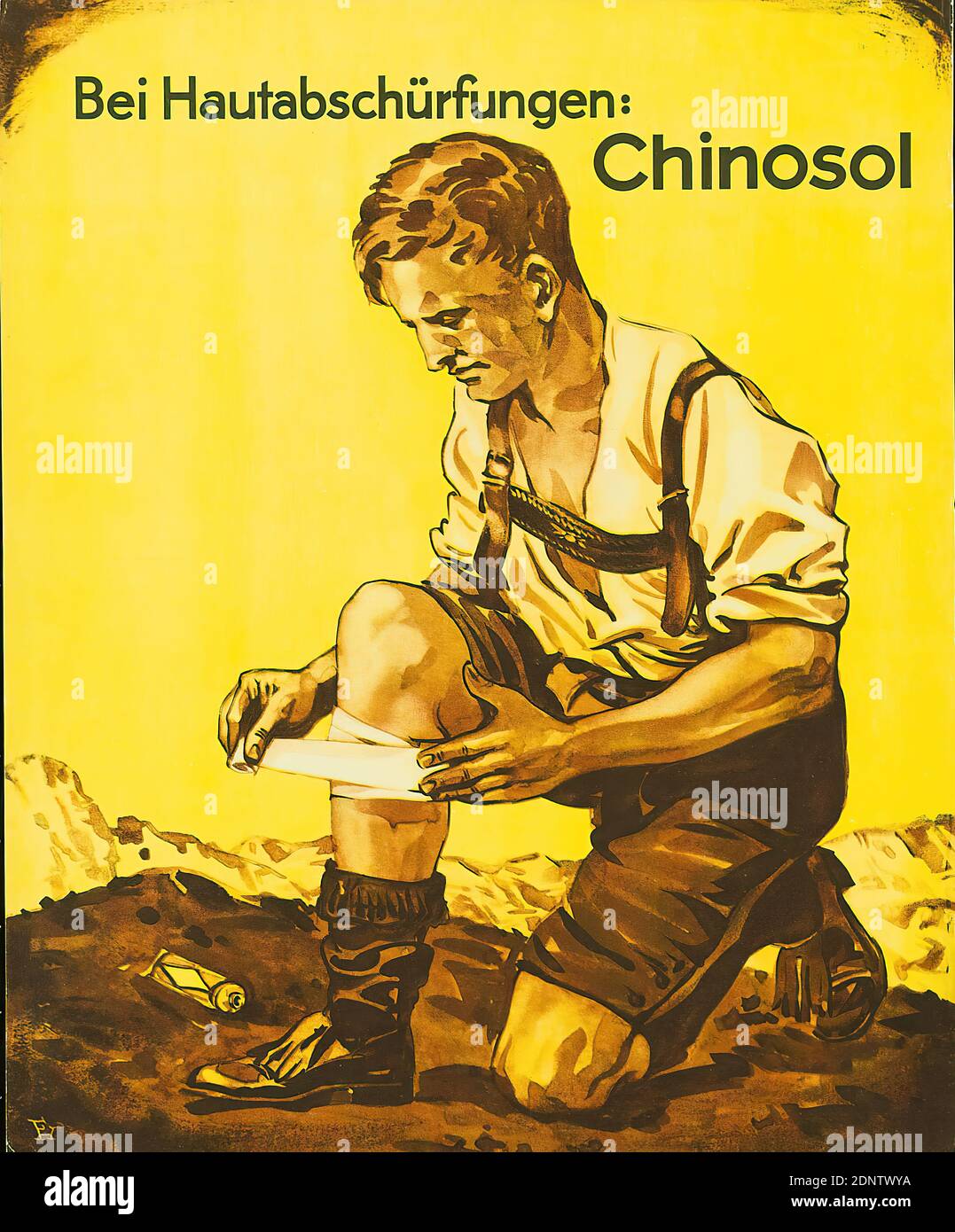 Fred Hendriok, pour les abrasions de peau - quinosol, impression offset, total: Hauteur: 33 cm; largeur: 27 cm, monogrammé: Recto U. li.: FH, publicité de produits et d'affaires (affiches), publicité de produits (affiches), jeune homme, adolescent, infections et blessures, médicaments, médicaments, maladies, figure à genoux, Wanderer Banque D'Images