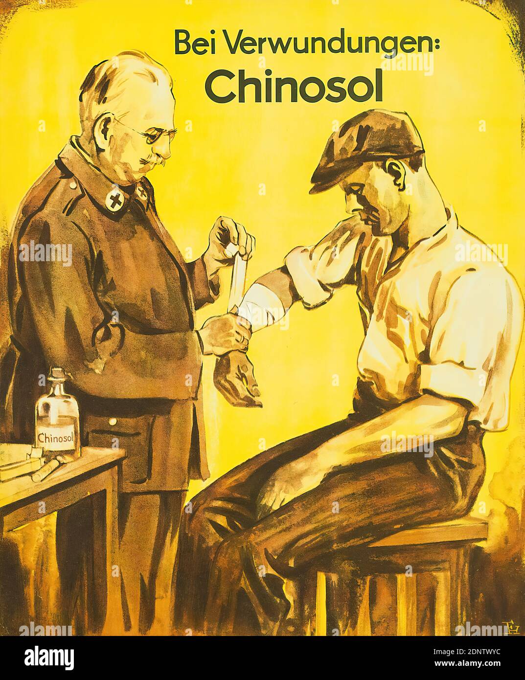 Fred Hendriok, BEI Verwundungen - Chinosol, impression offset, total: Hauteur: 33 cm; largeur: 27 cm, monogrammé: Recto U. r. en version imprimée: FH, publicité de produits et d'affaires (affiches), publicité de produits (affiches), médecin, médecin, infections et blessures, médicament, médecine, homme, maladies Banque D'Images