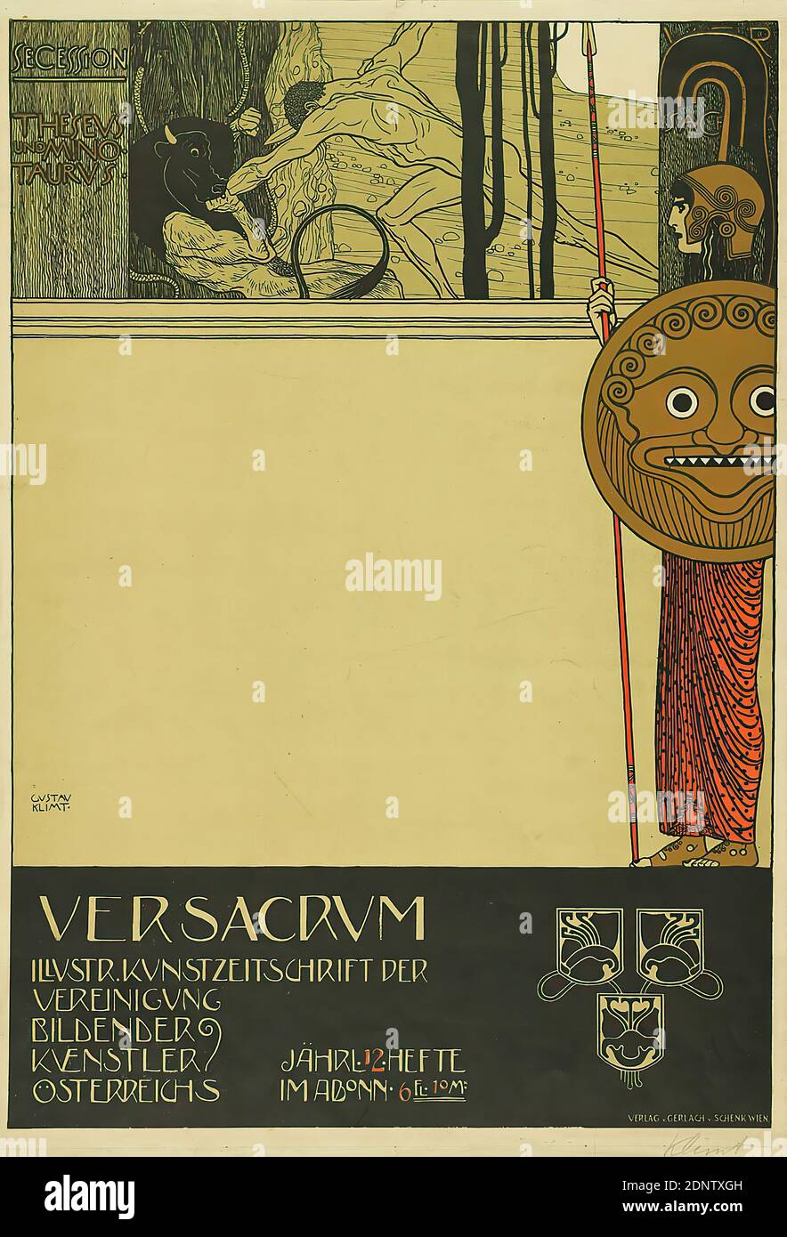 Gustav Klimt, Vienne Secession, Gerlach & Schenk, Ver Sacrum. Magazine d'art de l'Association des artistes visuels autrichiens, lithographie, total: Hauteur: 74.8 cm; largeur: 43.3 cm, signé: u. li. Dans l'illustration: GUSTAV KLIMT, inscrit: u. r.: En plomb: Klimt, publicité de produit (affiches), art/culture (affiches), Theseus tue le Minotaur, taureau, attributs de l'art illustré Banque D'Images