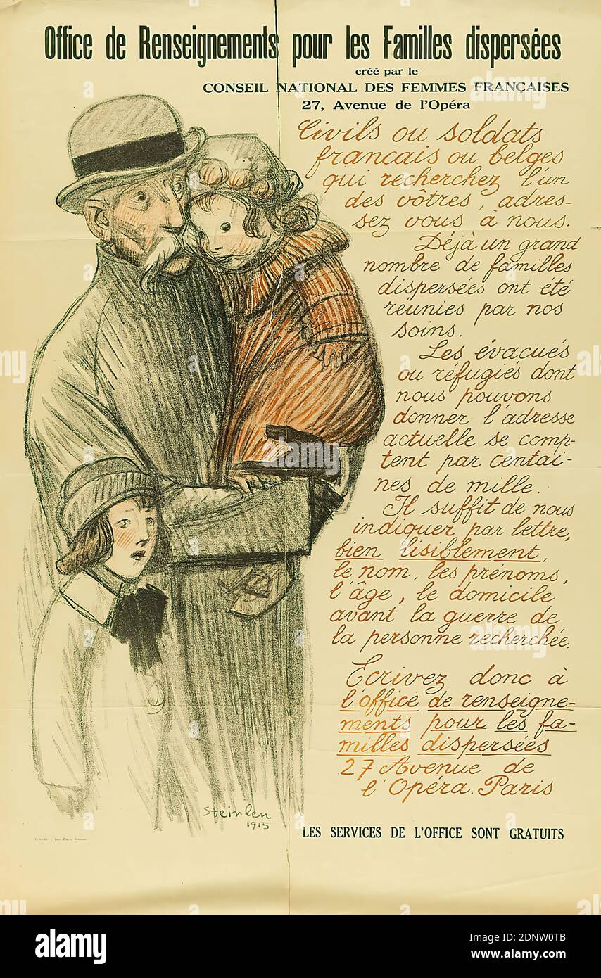 Imprimerie Cété, Théophile-Alexandre Steinlen, Office de conseils pour les familles dispersées créé par le Conseil national des femmes françaises, lithographie, impression de type, lithographie en marron clair et noir et impression de type, total: Hauteur: 95.6 cm; largeur: 63.8 cm, signé et daté: Centre inférieur de la plaque d'impression: Steinlen 1915, affiches politiques, affiches de guerre, politique/social/affaires courantes (affiches), guerre Banque D'Images