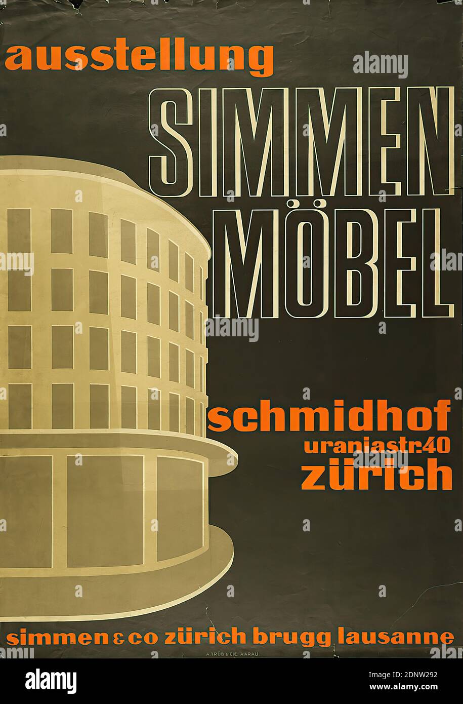 Walter Cyliax, A. Trüb & Cie, exposition. Meubles Simmen. Zurich, lithographie, total: Hauteur: 128 cm; largeur: 90,5 cm, non signé, affiches d'exposition, publicité de produits et d'affaires (affiches), architecture Banque D'Images
