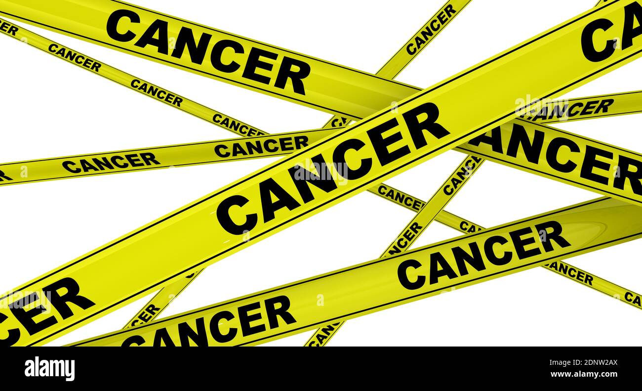 Cancer. Rubans d'avertissement jaunes avec des mots noirs CANCER (la maladie causée par une division incontrôlée des cellules anormales dans une partie du corps) Banque D'Images