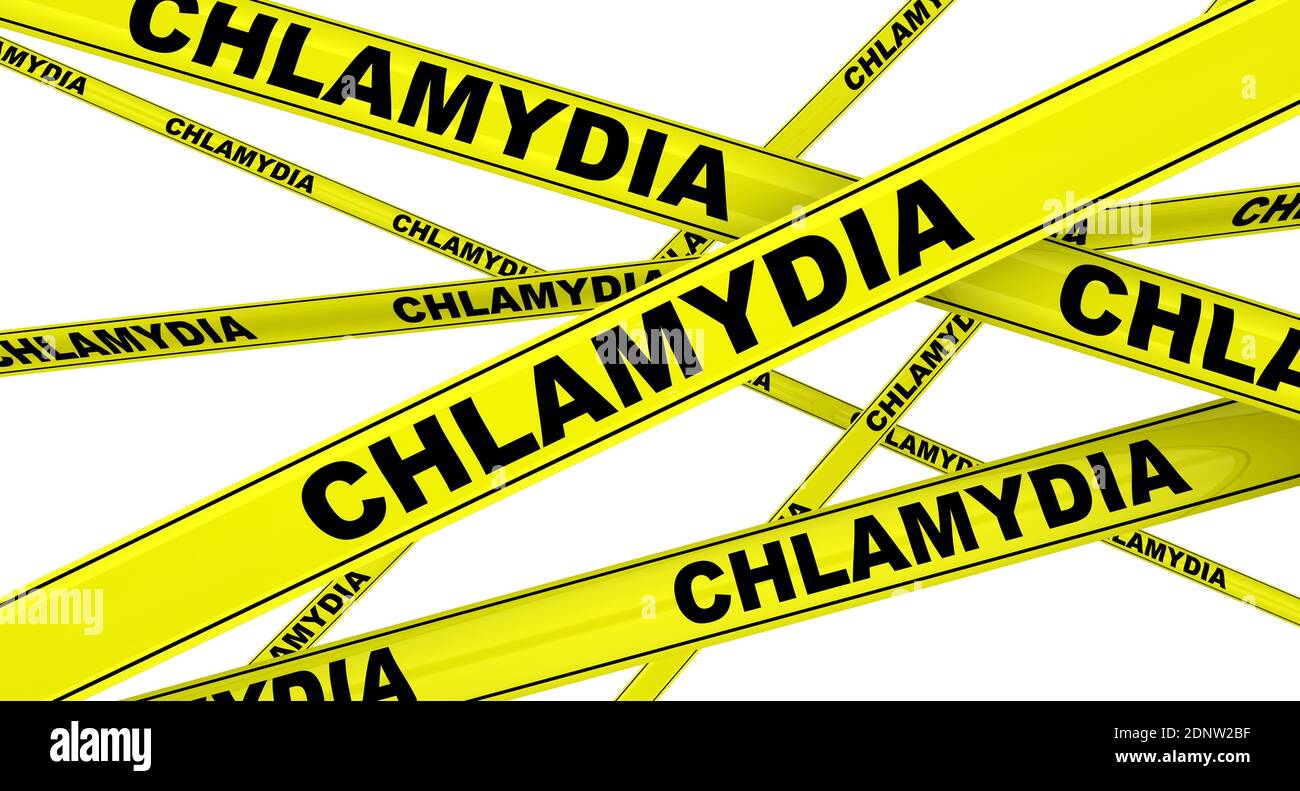 Chlamydia. Rubans d'avertissement jaunes avec des mots noirs CHLAMYDIA (est une infection sexuellement transmissible). Isolé. Illustration 3D Banque D'Images