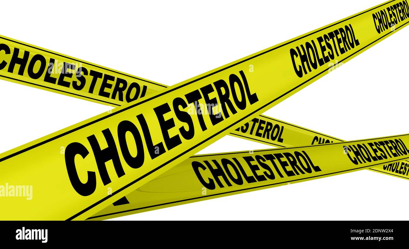 Cholestérol. Rubans d'avertissement jaunes avec des mots noirs CHOLESTÉROL. Isolé. Illustration 3D Banque D'Images