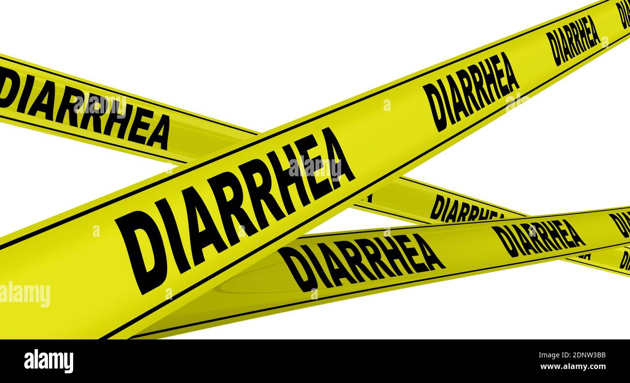 Diarrhée. Rubans d'avertissement jaunes avec mots noirs DIARRHÉE. Isolé. Illustration 3D Banque D'Images