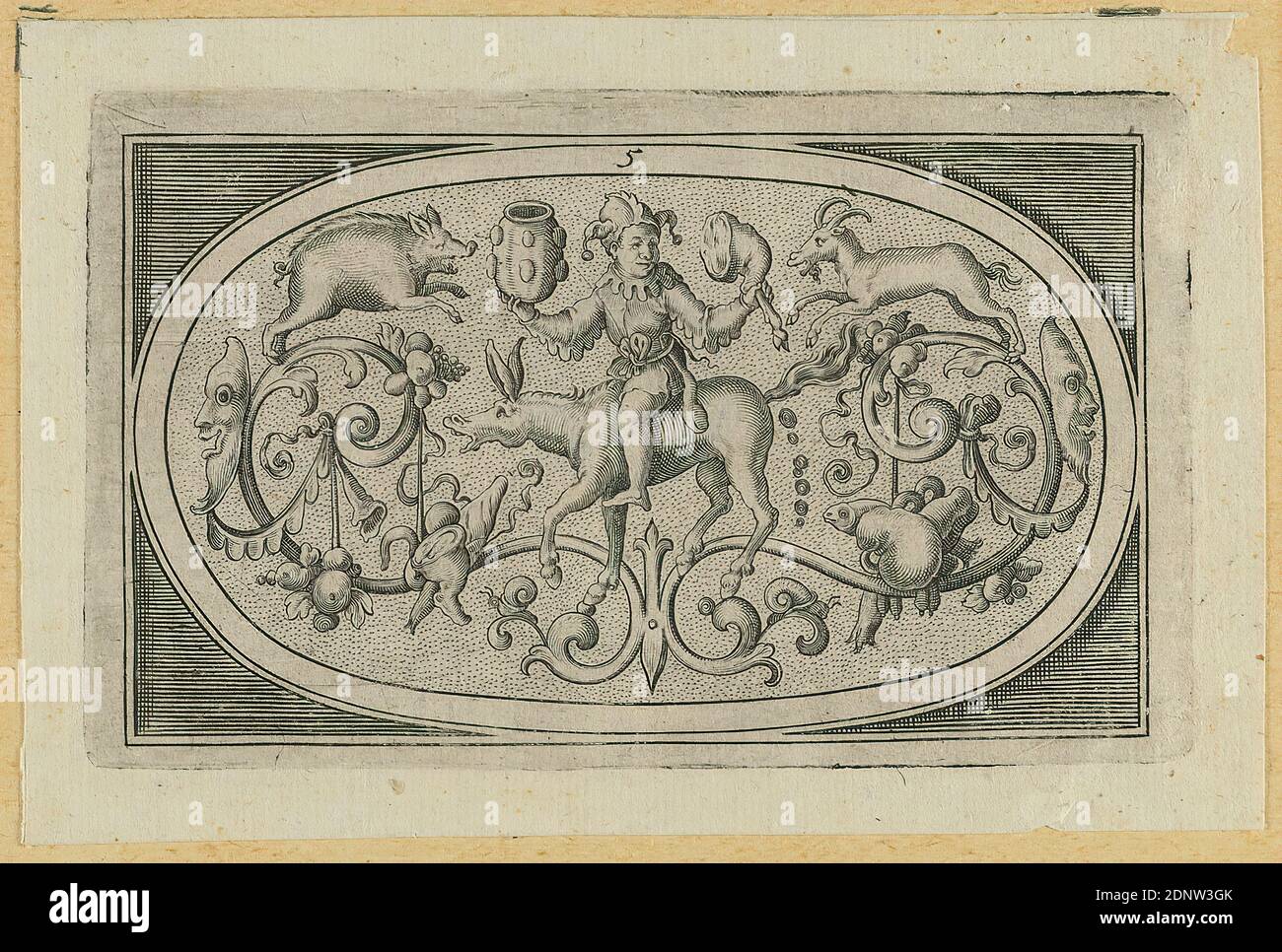 Heinrich Ullrich, couvercle de boîte avec queue grotesque sur sol perforé, feuille 5 d'une série de couvercles de boîte, papier, gravure en copperplate, taille de la feuille : hauteur: 8.00 cm; largeur: 12.00 cm, numéroté: Dans la plaque en motif: 5, Jutus Brinckmann, imprimés, grotesque (ornement), Renaissance Banque D'Images