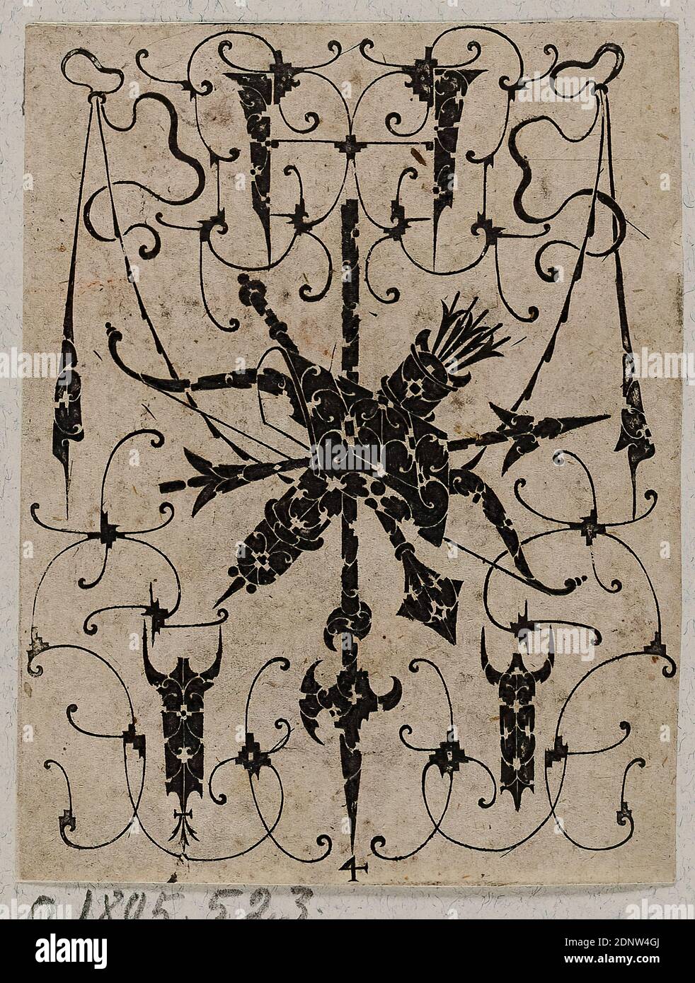 Marcus Grundler, surface ornementale avec trophées, gravure en copperplate, taille des feuilles : hauteur: 7.90 cm; largeur: 6.00 cm, imprimés, ornements, Renaissance Banque D'Images
