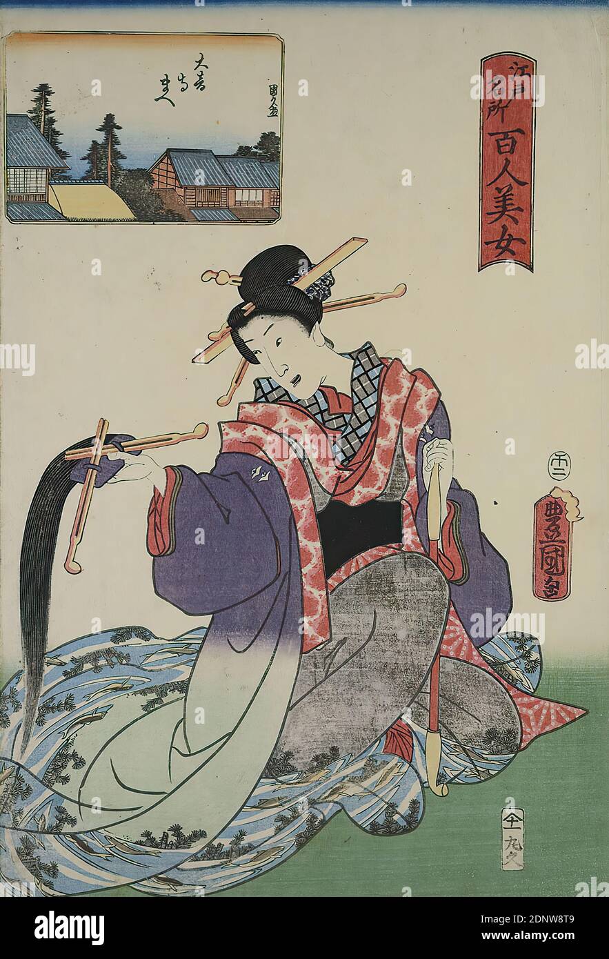 Utagawa Kunihisa II, Utagawa Kunisada, en face de Daion-ji, de la série: 100 beautés dans les lieux célèbres d'Edo, coupe de bois de couleur, Total: Hauteur: 36.00 cm; largeur: 24.50 cm, signature: Toyokuni ga 豊国画, Kunihisa ga 国久画 (cartouche), éditeur: Maruya Kyūshirō, marque de censure, timbre de date, estampes, imprimés, verrou de cheveux, tuft, fil de cheveux, femme, perruque, paysage avec plantes, période Edo Banque D'Images