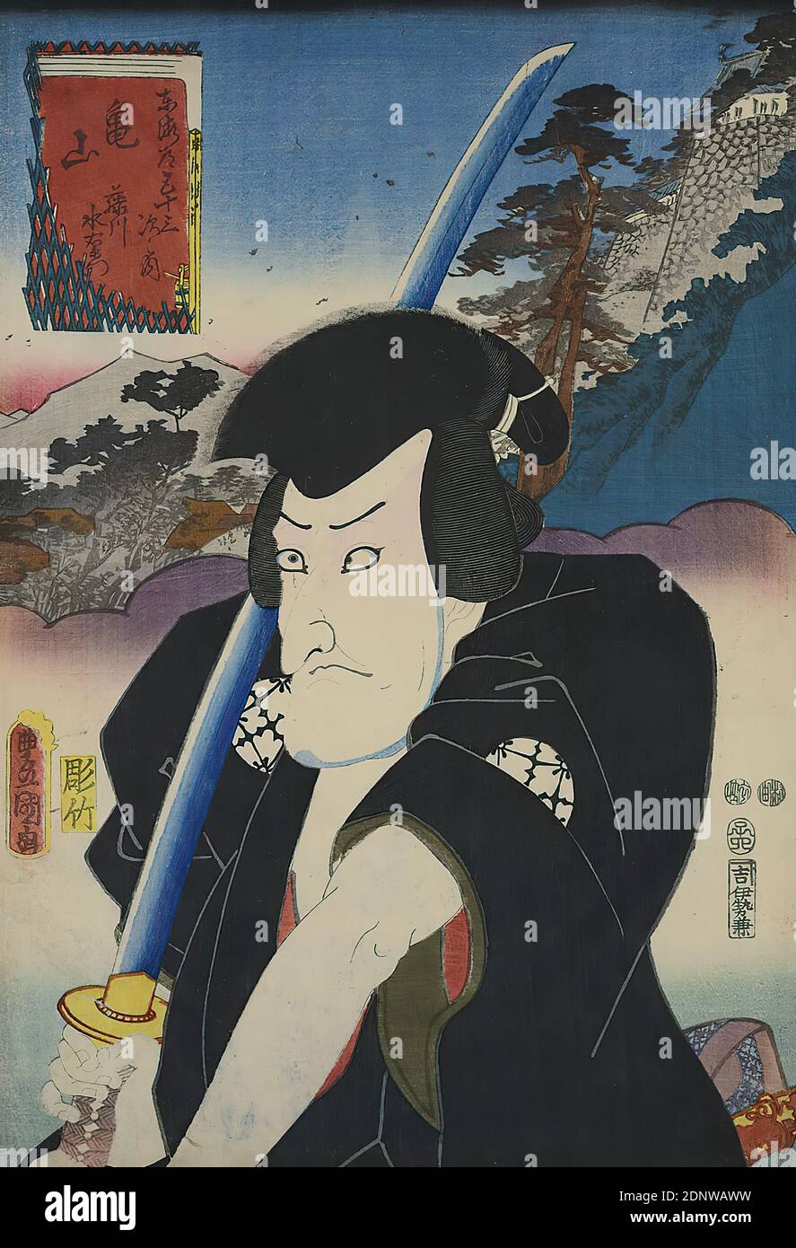 Utagawa Kunisada, Yokokawa Takejirō, Kameyama: L'acteur Matsumoto Kōshirō VI comme Fujikawa Mizuemon, feuille 47 de la série: Les 53 stations de Tōkaidō, coupe de bois de couleur, total: Hauteur: 36,30 cm; largeur: 24,60 cm, signature: Toyokuni ga 豊国画, éditeur: Iseya Kanekichi, timbre de censure, date: Yokokawa Takejirō, imprimerie, acteur, actrice, période Edo Banque D'Images