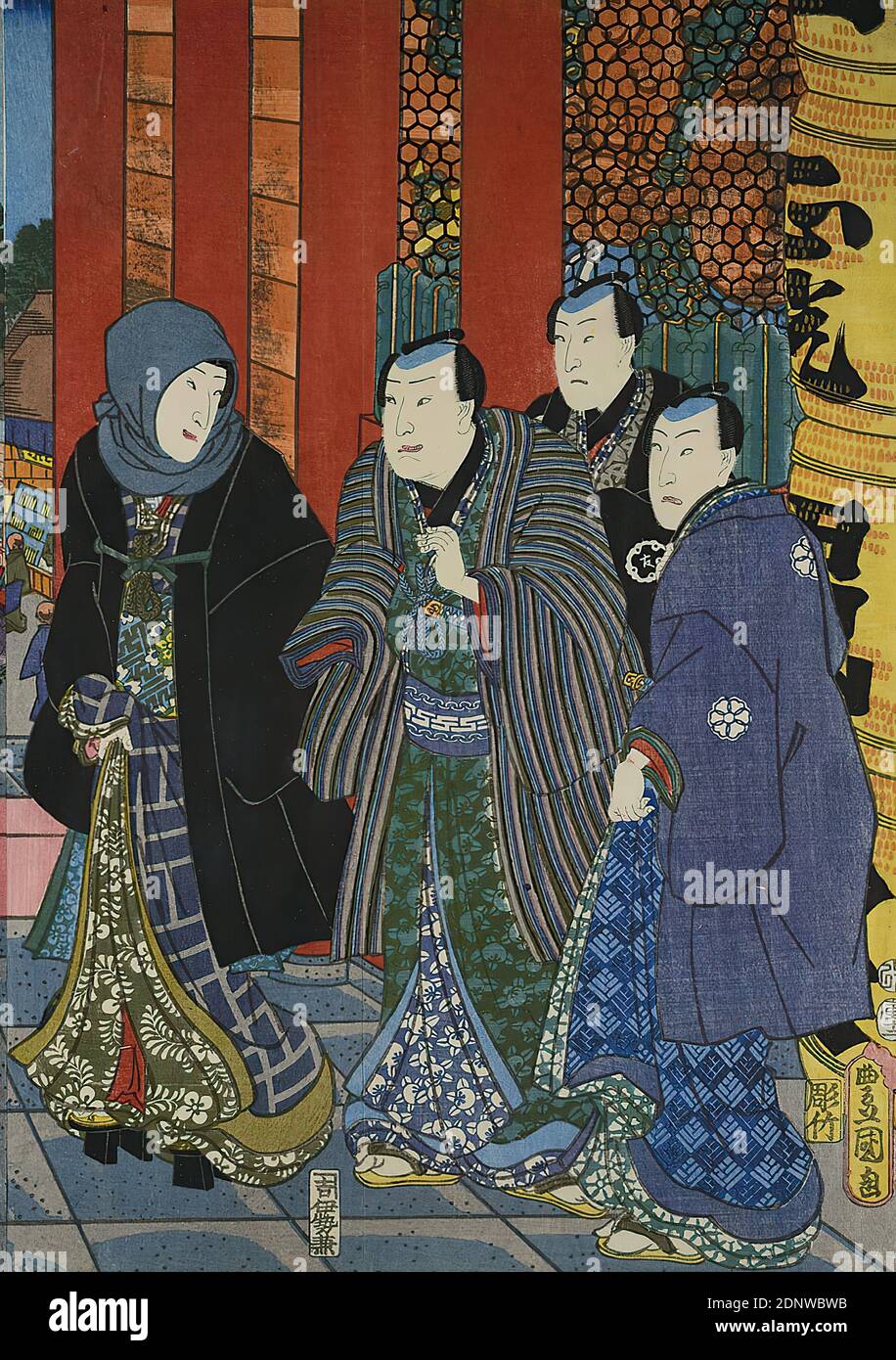 Utagawa Kunisada, célèbres acteurs Kabuki sur une scène de théâtre, bloc de bois de couleur, Total: Hauteur: 35,00 cm; largeur: 74,50 cm, Signature: Toyokuni ga 豊国画, Éditeur: Iseya Kanekichi, marques de censure, timbre de date, estampes, matière imprimée, acteur, actrice, période Edo Banque D'Images