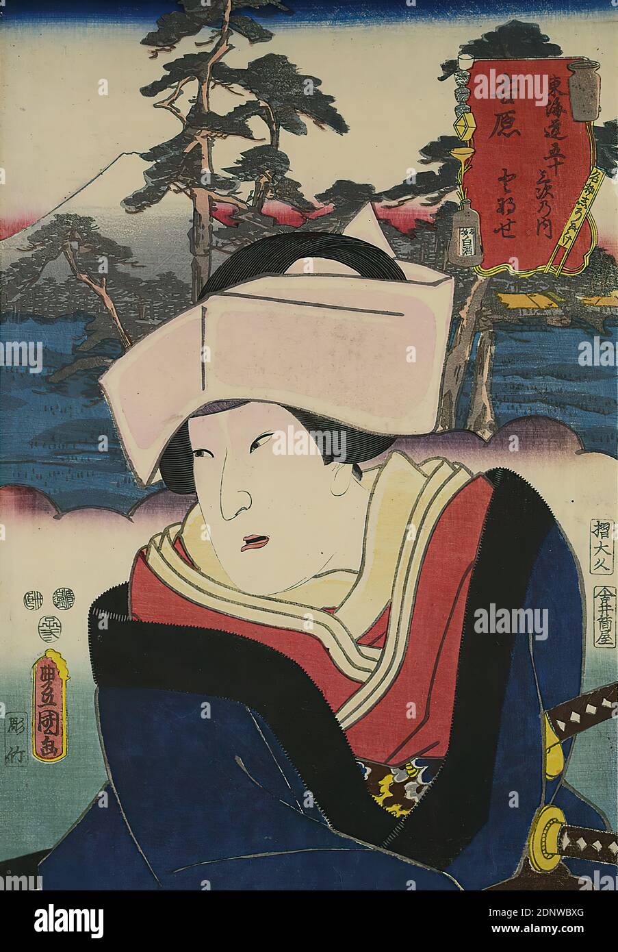 Utagawa Kunisada, Yoshiwara: L'acteur Arashi Rikan III comme Tonase, de la série: Les 53 stations de Tōkaidō, coupe de bois de couleur, Total: Hauteur: 35,50 cm; largeur: 24,50 cm, Signature: Toyokuni ga 豊国画, Éditeur: Izutsuya Shōkichi, marques de censure, timbre de date, imprimés, acteur, actrice, période Edo Banque D'Images