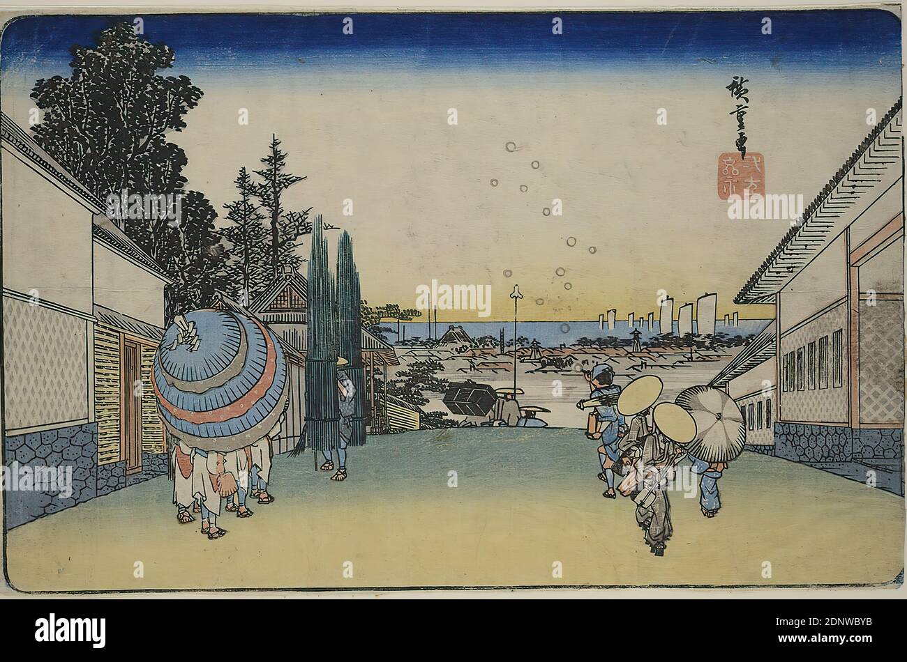 Utagawa Hiroshige, vue de Kasumigaseki, de la série: Lieux célèbres de la capitale orientale, coupe de bois de couleur, Total: Hauteur: 22,30 cm; largeur: 35,00 cm, signé: Signature: Hiroshige ga 廣重画, sceau d'artiste, (coupé: Éditeur: Sanoya Kihei (Kikakudō), marque de censure), gravure,paysages, eaux, vue de la ville, Edo Banque D'Images