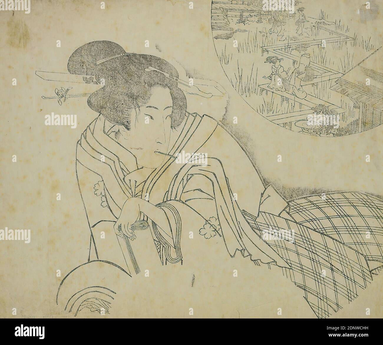 Beauté avec des serviettes en papier, ligne noire coupée, non signé, imprimés, courtesan, hetaera, mode de coiffure, mode de cheveux, période Edo Banque D'Images