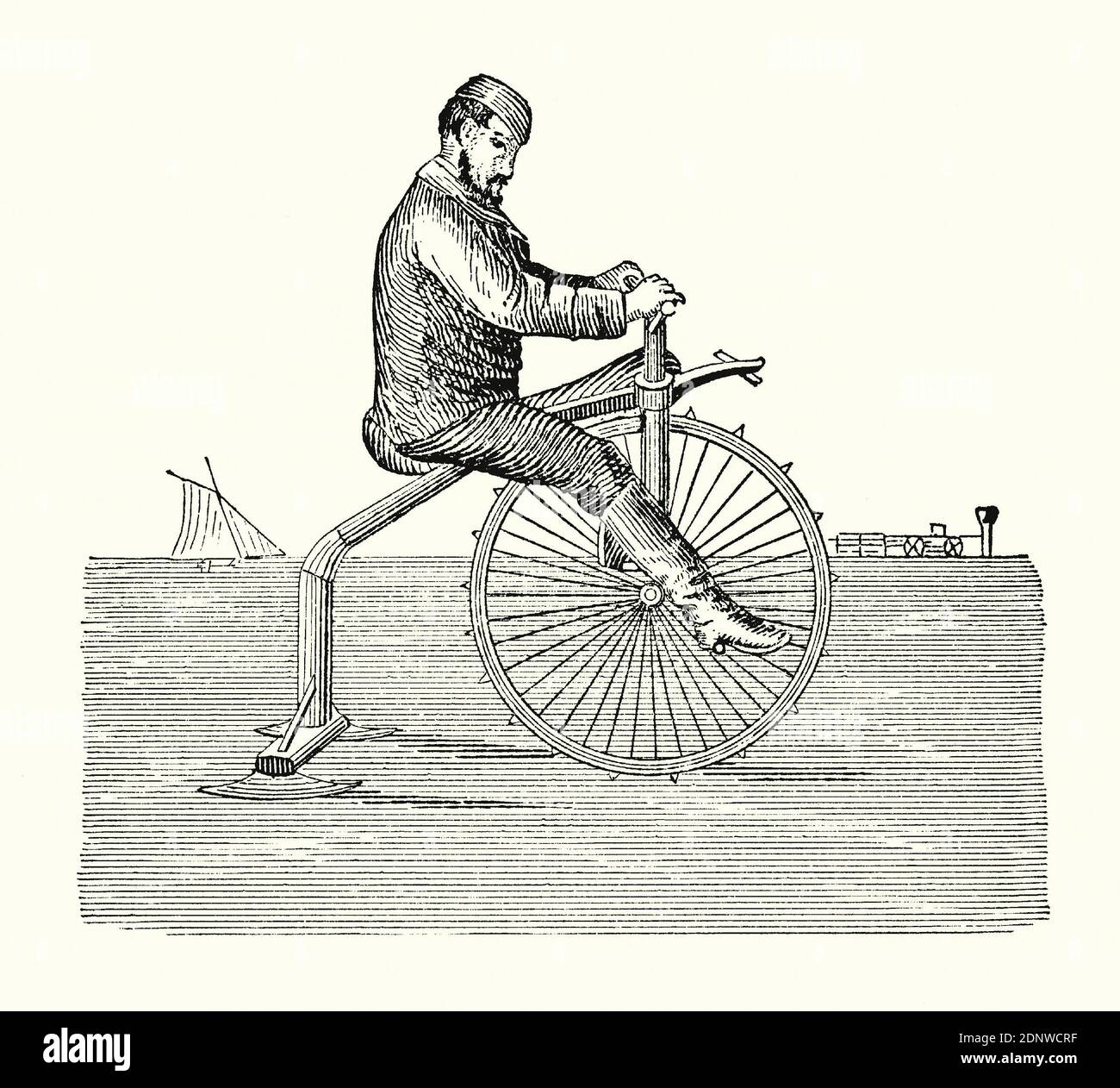 Une ancienne gravure d'un homme qui fait du vélo de "velocide de glace" dans les années 1800. Il est issu d'un livre victorien d'ingénierie mécanique des années 1880. Ce modèle de vélo, destiné à être utilisé sur des lacs ou des rivières gelés, a une roue avant à pointes et deux ‘kates’ ou des coureurs à l’arrière dans une formation de ‘tricycle’. De nombreux types de bicyclettes ont été inventés à l'époque victorienne, avec une conception qui varie du très utile au fantaisiste et amusant. Banque D'Images