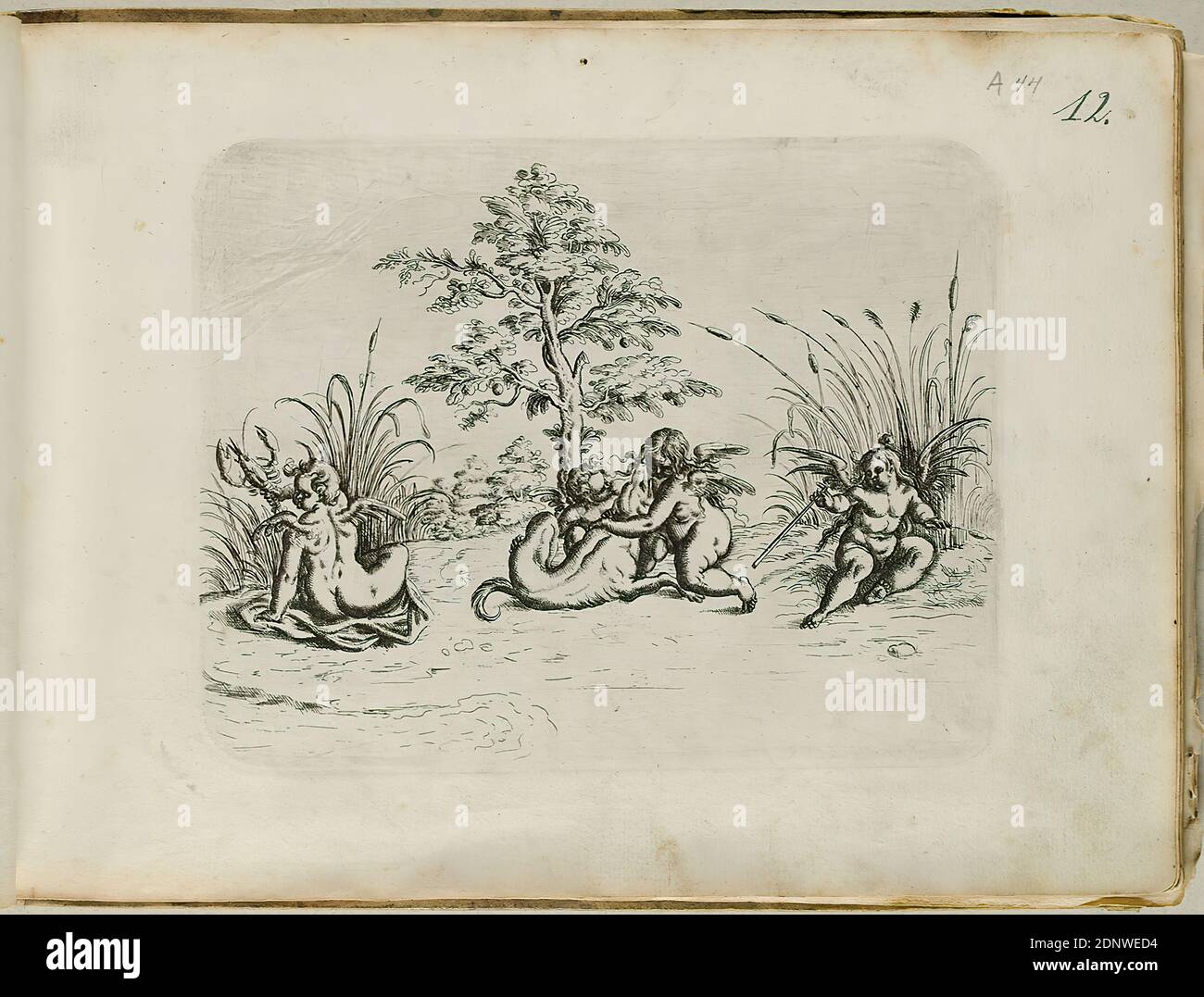 Christoph Jamnitzer, quatre putti et un chien, feuille du livre Neuw Grotteßken, papier, gravure, taille de la feuille: Hauteur: 19.90 cm; largeur: 27.70 cm, imprimés, cupids, putti, ornements Banque D'Images