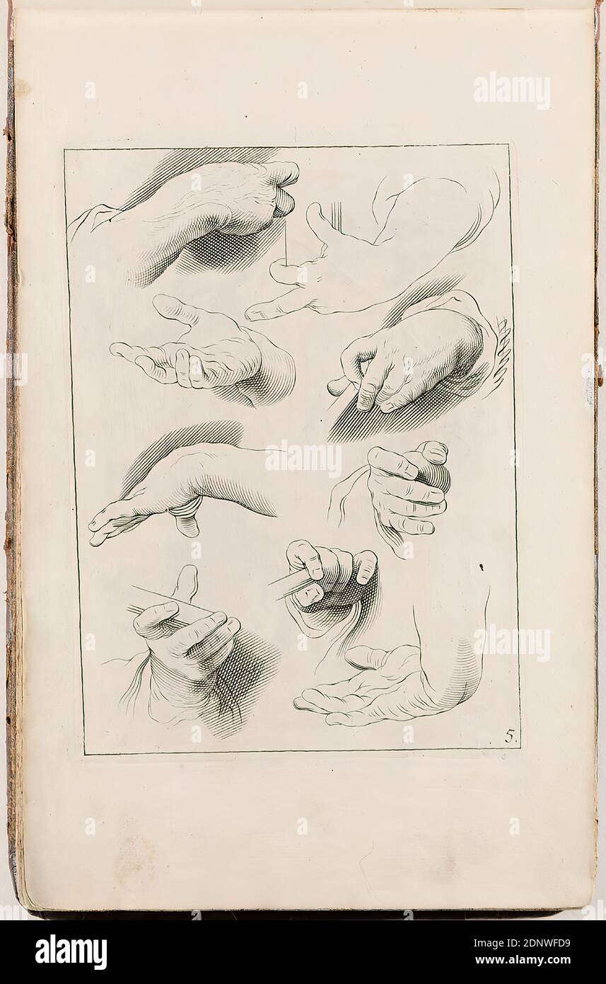 Johann Christoph Weigel, Johann Georg Waldtreich, Abraham Bloemaert, études manuelles, feuille 5 de la série Fondamente der Teecken-Konst aerdigh geinverteert porte Abraham Bloemaert, papier, gravure en copperplate, en copperplate sur papier nervuré avec filigrane, taille de la feuille: Hauteur: 29,20 cm; largeur: 18,30 cm, gravure en plaque numérotée: u. r. 5, tirages, imprimés, bras, main Banque D'Images