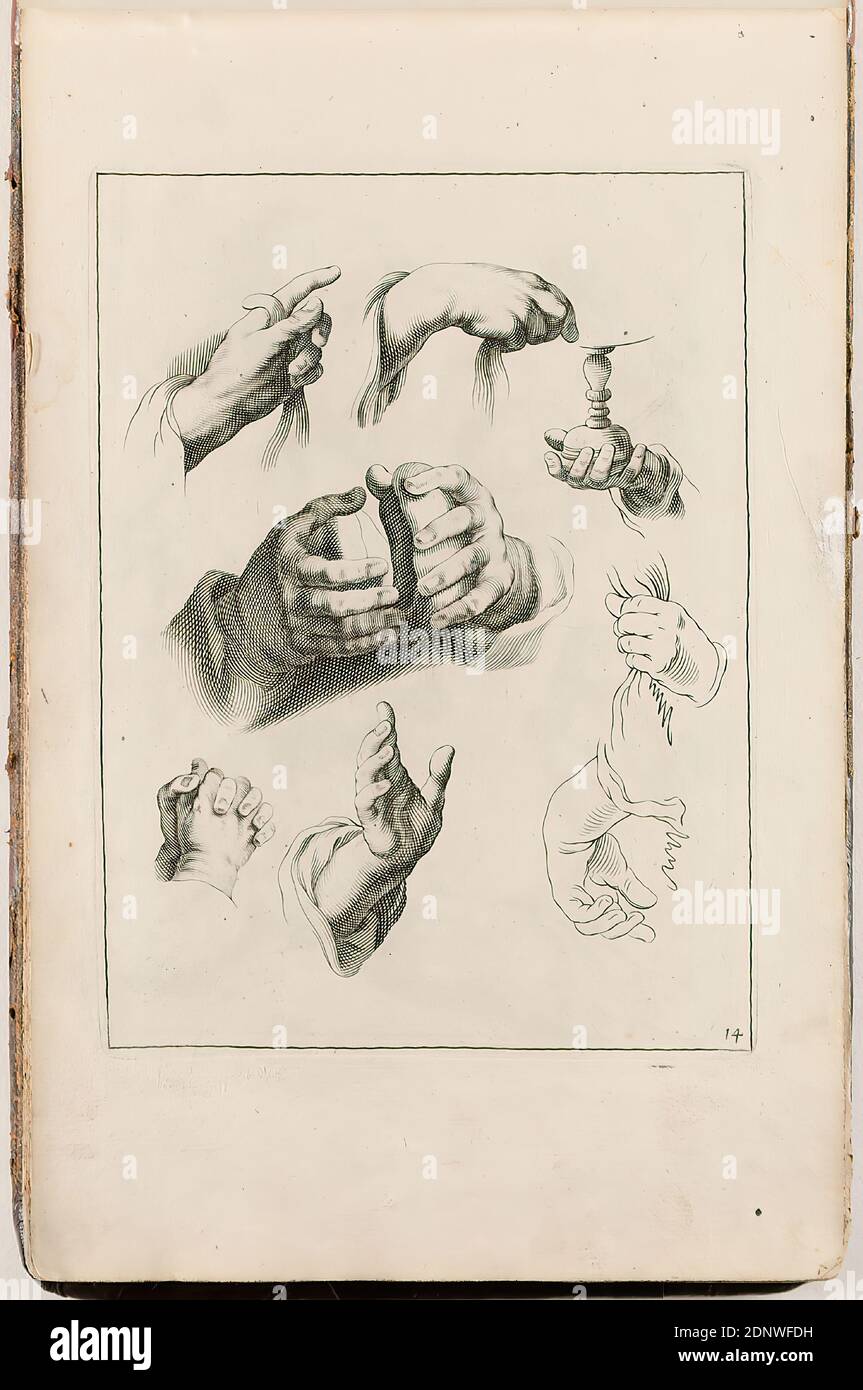 Johann Christoph Weigel, Johann Georg Waldtreich, Abraham Bloemaert, études manuelles, feuille 14 de la série Fondamente der Teecken-Konst aerdigh geinverteert porte Abraham Bloemaert, papier, gravure en copperplate, en copperplate sur papier nervuré avec filigrane, taille de la feuille: Hauteur: 29,20 cm; largeur: 18,30 cm, gravure en plaque numérotée: u. r. 14, tirages, imprimés, bras, main Banque D'Images