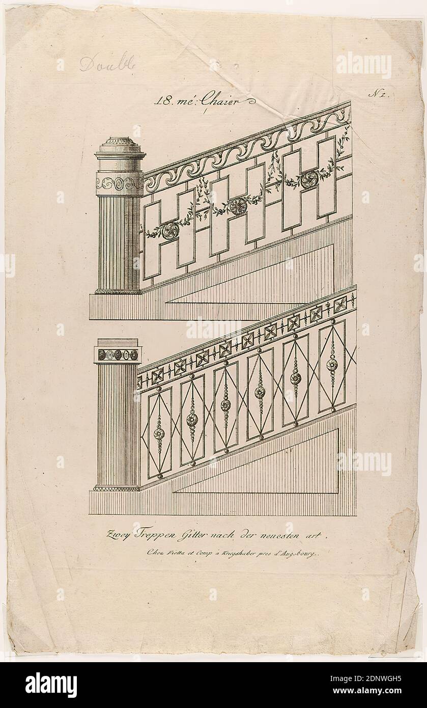 Fietta et Compagnie, Domenicus Fietta, rampe d'escalier, feuille 1 d'une série de grilles, papier, gravure de copperplate, taille de la feuille: Hauteur: 37.00 cm; largeur: 23.30 cm, inscrite: Dans la plaque: 18. Mé: Chaier, N 1, Zwey Treppen Gitter Nach der neuesten art, chez Fietta et Kriaber, inscrit: Recto O. li.: Par quelqu'un d'autre en chef: Double, gravure, impression, escalier, escalier Banque D'Images