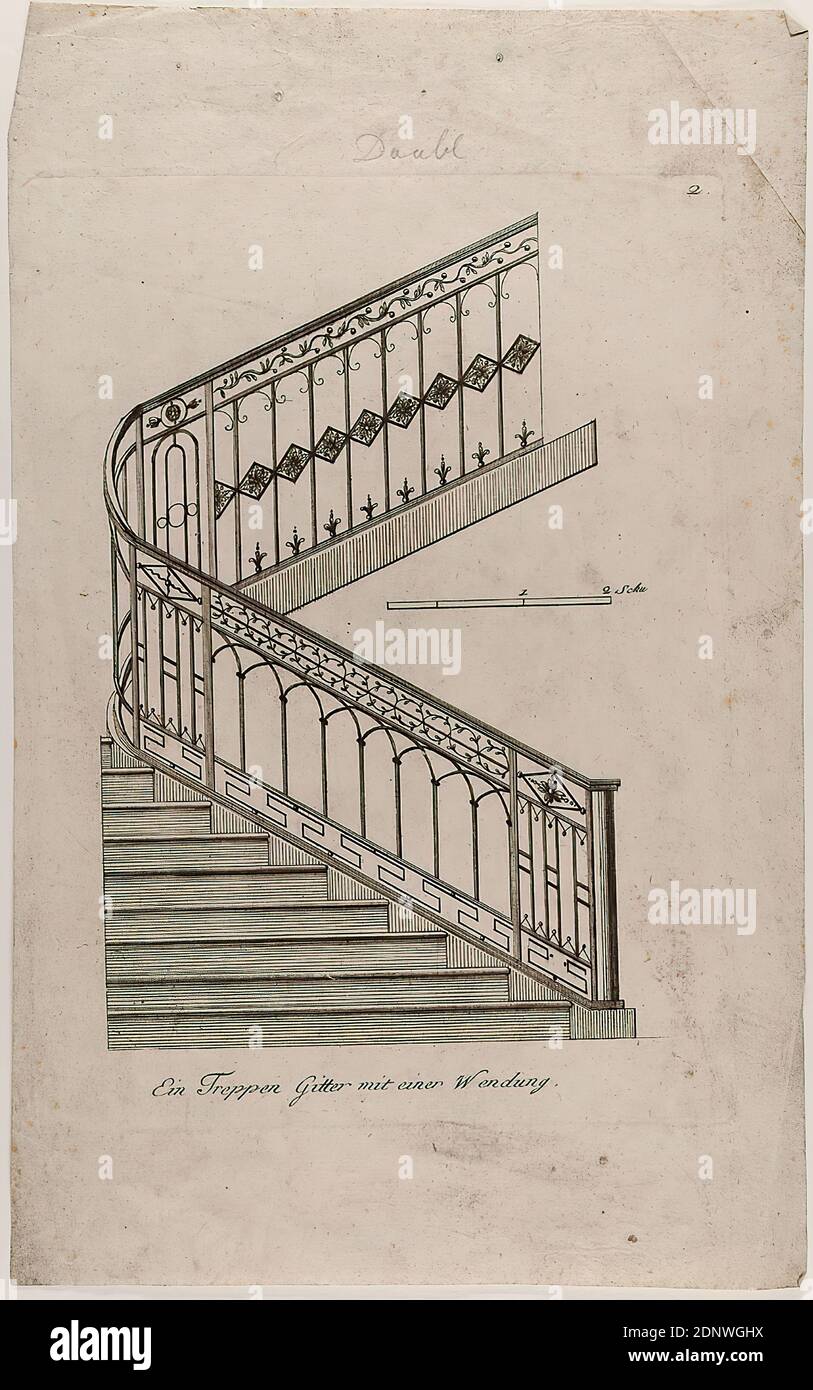 Fietta et Compagnie, Domenicus Fietta, Treppengeländer, feuille 2 d'une série de grilles, papier, gravure de copperplate, taille de la feuille: Hauteur: 37,50 cm; largeur: 23,20 cm, inscrite: In der te Platui.: Ein Treppen Gitter mit einer Wendung, numérotée: In der Platte O. re.: 2, inscrite par quelqu'un d'autre: Doubl, estampes, imprimés, escalier, escalier Banque D'Images