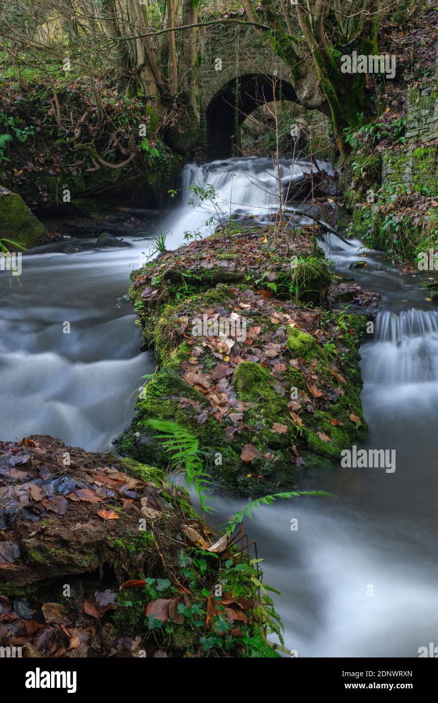 Ruisseau traversant un pont voûté dans la vallée inférieure de Wye. Banque D'Images