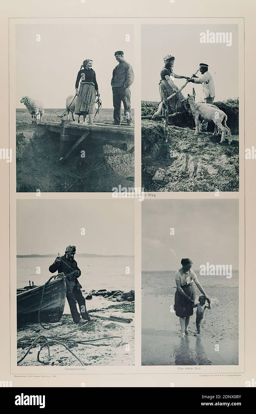 Wilhelm Dreesen, Sinsel & Co, Der versperrte Weg, Ostseefischer und Das erste Bad du portfolio Malerische Bilder, papier, impression de collotype, Total: Hauteur: 48,30 cm; largeur: 32,50 cm, inscrit: Recto: Dans la forme d'impression: Page de titre ainsi que le photographe de cour Wilh. Dreesen, Flensburg, 1894. impression de collotype par Sinsel & Co, Leipzig-Plagwitz, photographie de paysage, photographie de voyage, côte, vie rurale, animaux, vie familiale, pêcheurs, pêcheurs à la ligne, moutons, pont, dans ou à l'eau (plage), mer Banque D'Images