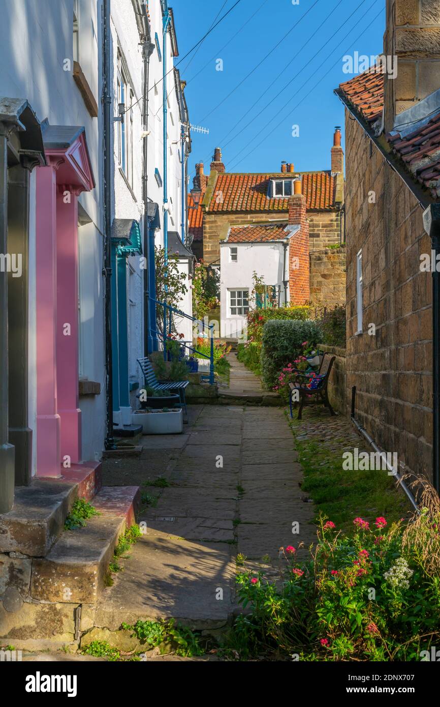 Vue sur les maisons blanches et la ruelle de Robin Hood's Bay, North Yorkshire, Angleterre, Royaume-Uni, Europe Banque D'Images
