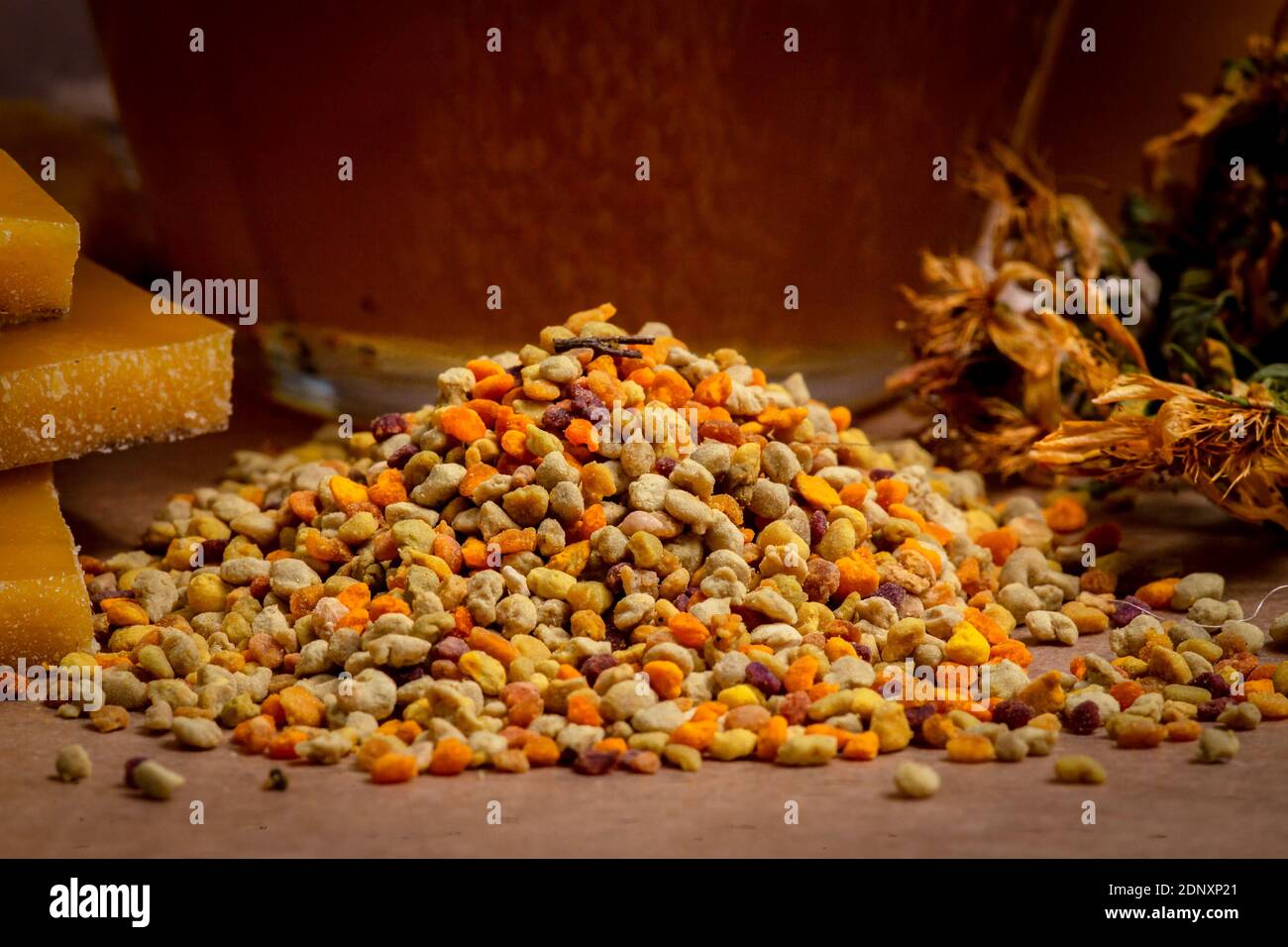 Gros plan pollen d'abeille, cire d'abeille, fleurs séchées et miel dans le . Photo de haute qualité Banque D'Images