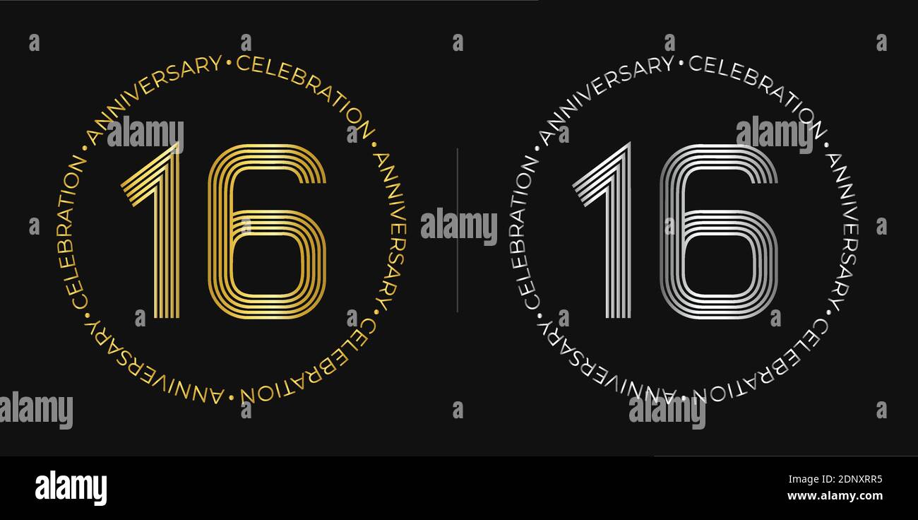 16e anniversaire. Bannière de célébration de seize ans dans des couleurs or et argent. Logo circulaire avec chiffres originaux dans des lignes élégantes. Illustration de Vecteur