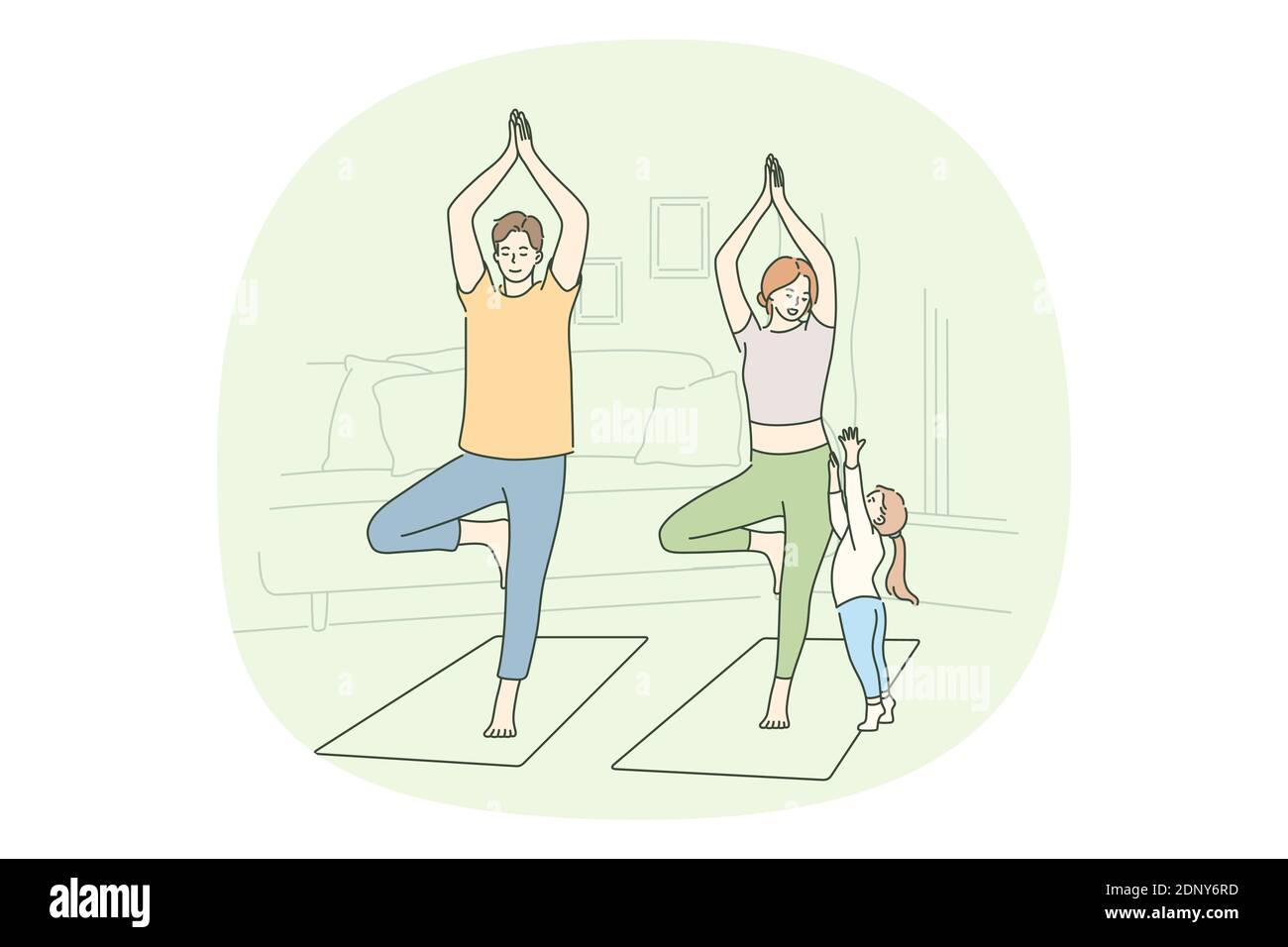 Mode de vie actif sain, concept de formation à la maison. Active jeune heureux couple famille avec enfant faire de l'entraînement pratiquer le yoga sur les tapis de fitness à la maison Illustration de Vecteur