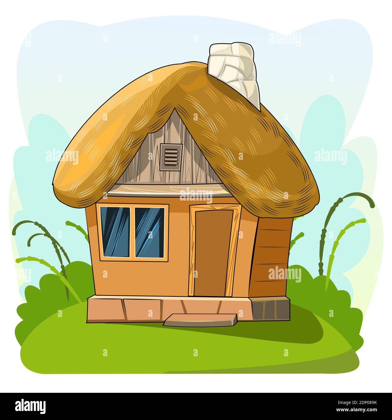 Ancienne maison avec toit de chaume. Fabuleux objet de dessin animé. Joli style puéril. Ancienne habitation. Petit, petit. Sur un fond abstrait. Isolé sur Illustration de Vecteur