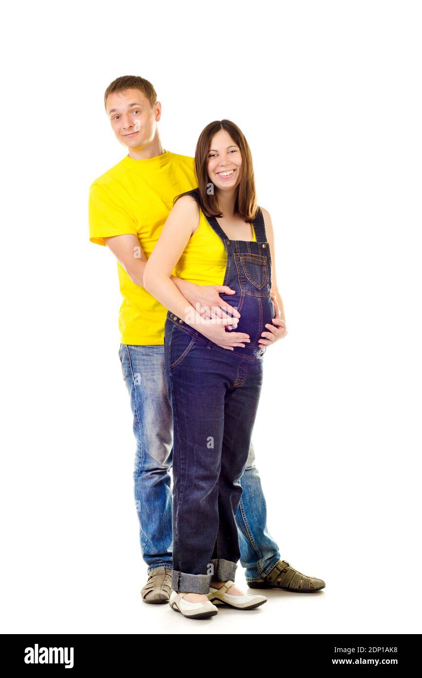 Famille heureuse isolé sur fond blanc Banque D'Images