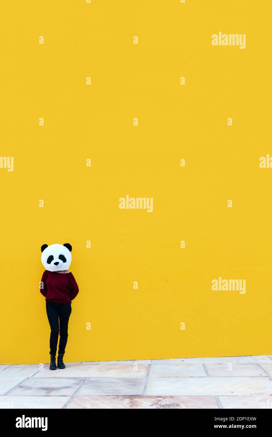 Femme portant un masque de panda tout en se tenant contre le mur jaune Banque D'Images