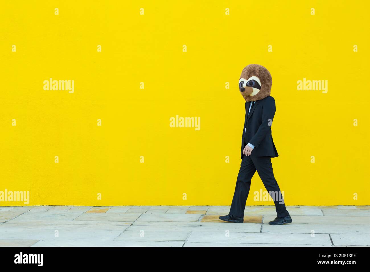 Homme d'affaires en costume noir avec masque de meerkat marchant devant de mur jaune Banque D'Images