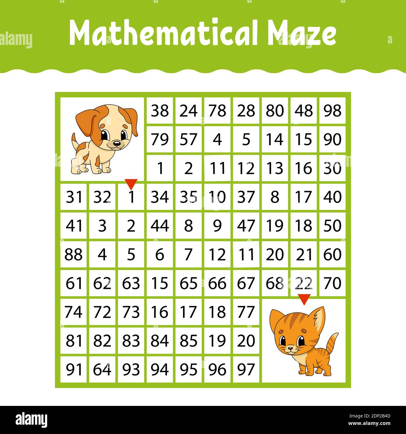 Labyrinthe carré de couleur mathématique. Feuille de travail de développement de l'éducation. Jeu pour enfants. Puzzle pour les enfants. L'étude des nombres. Tambour de labyrinthe. Plat Illustration de Vecteur