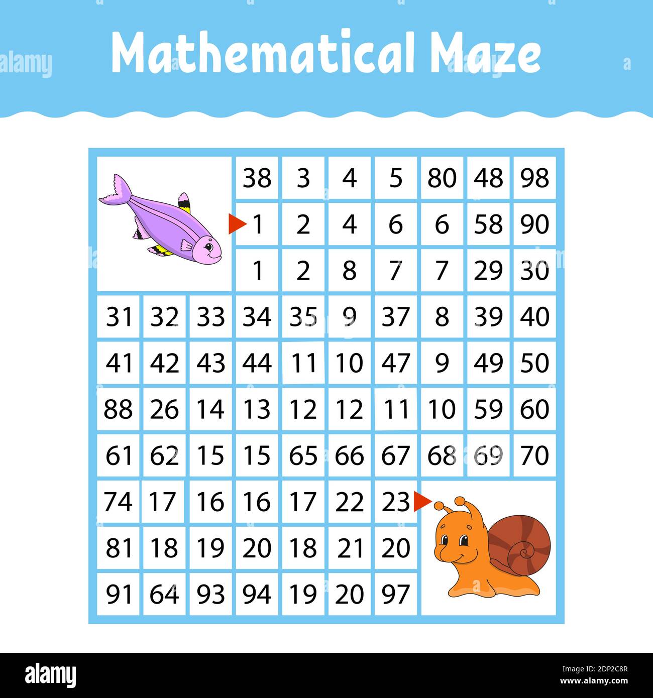Labyrinthe carré de couleur mathématique. Feuille de travail de développement de l'éducation. Jeu pour enfants. Puzzle pour les enfants. L'étude des nombres. Tambour de labyrinthe. Plat Illustration de Vecteur