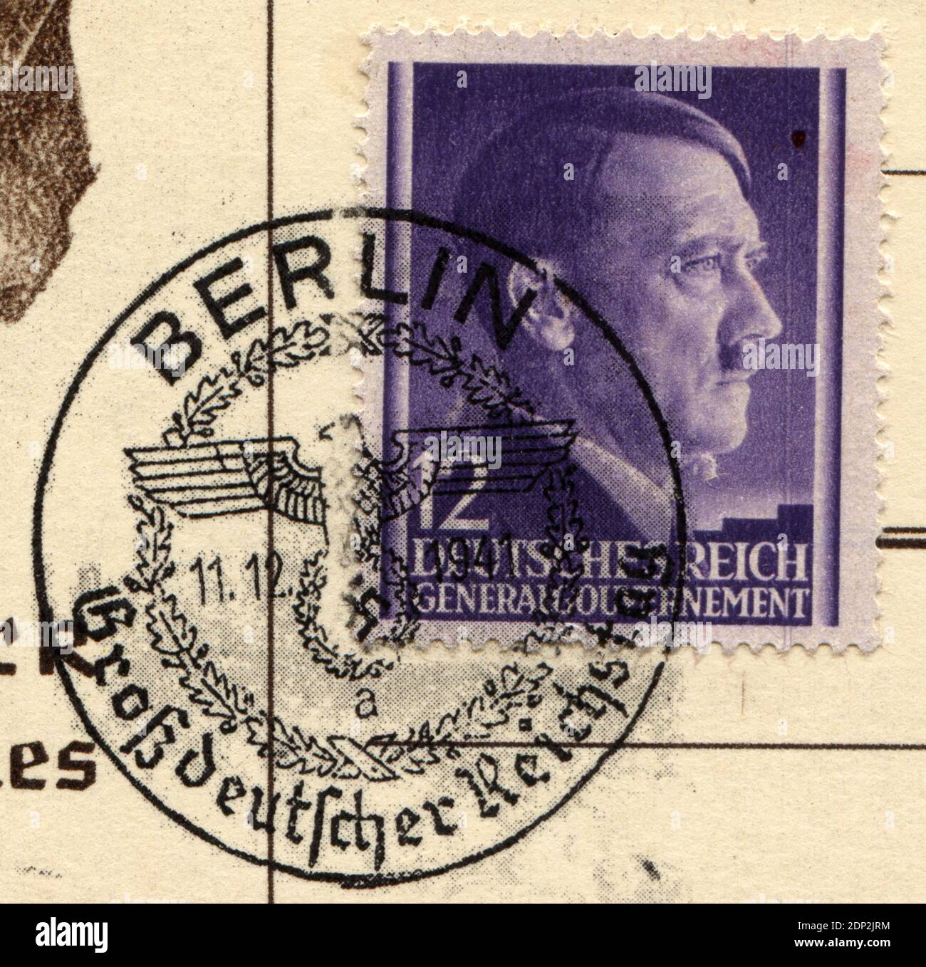 ALLEMAGNE - VERS 1941: Timbre-poste imprimé en Allemagne (Gouvernement général, Pologne), a montré le portrait d'Adolf Hitler - un homme politique allemand, chef (Fuehrer) de l'Allemagne et du Parti nazi, vers 1941 Banque D'Images