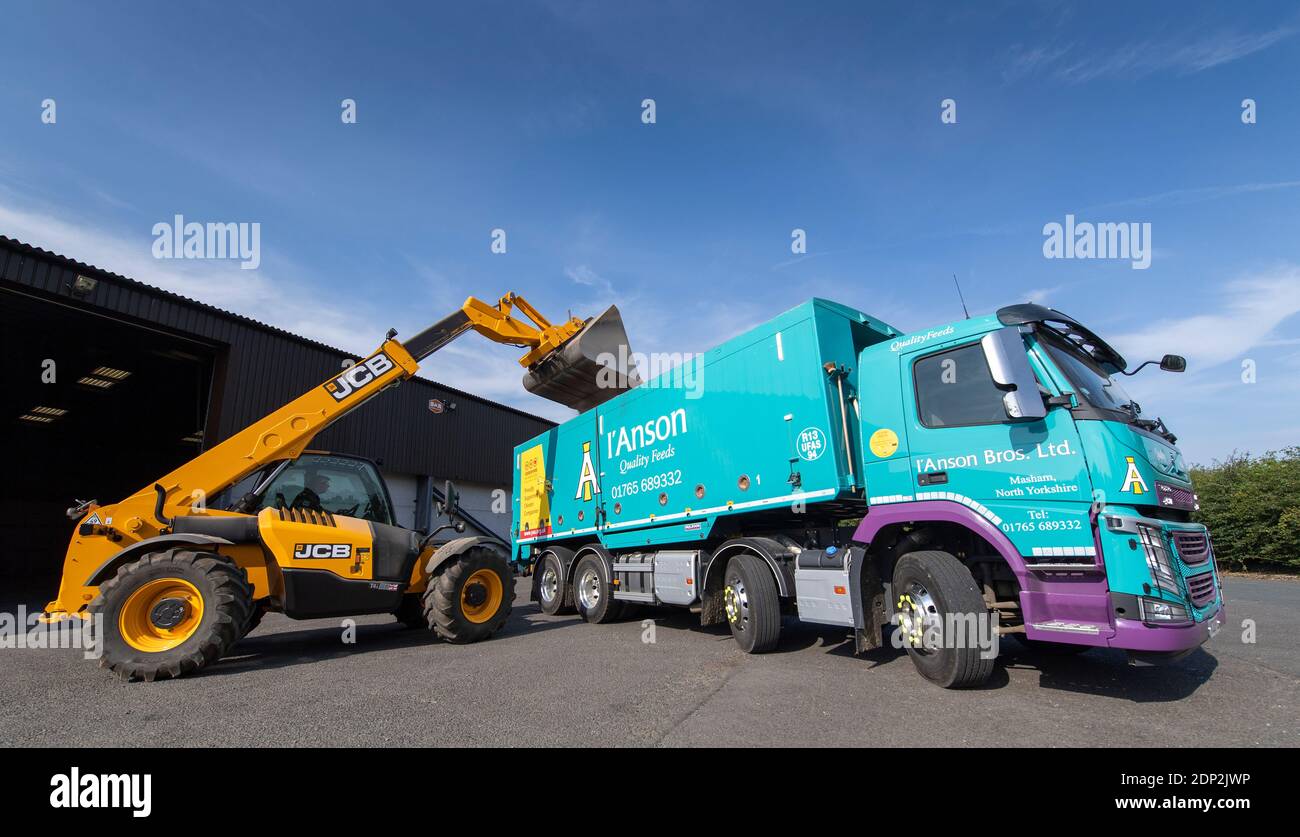 Chargement de haricots pour l'alimentation animale dans un wagon à partir d'un magasin agricole, à l'aide d'un JCB Loadall. North Yorkshire, Royaume-Uni. Banque D'Images