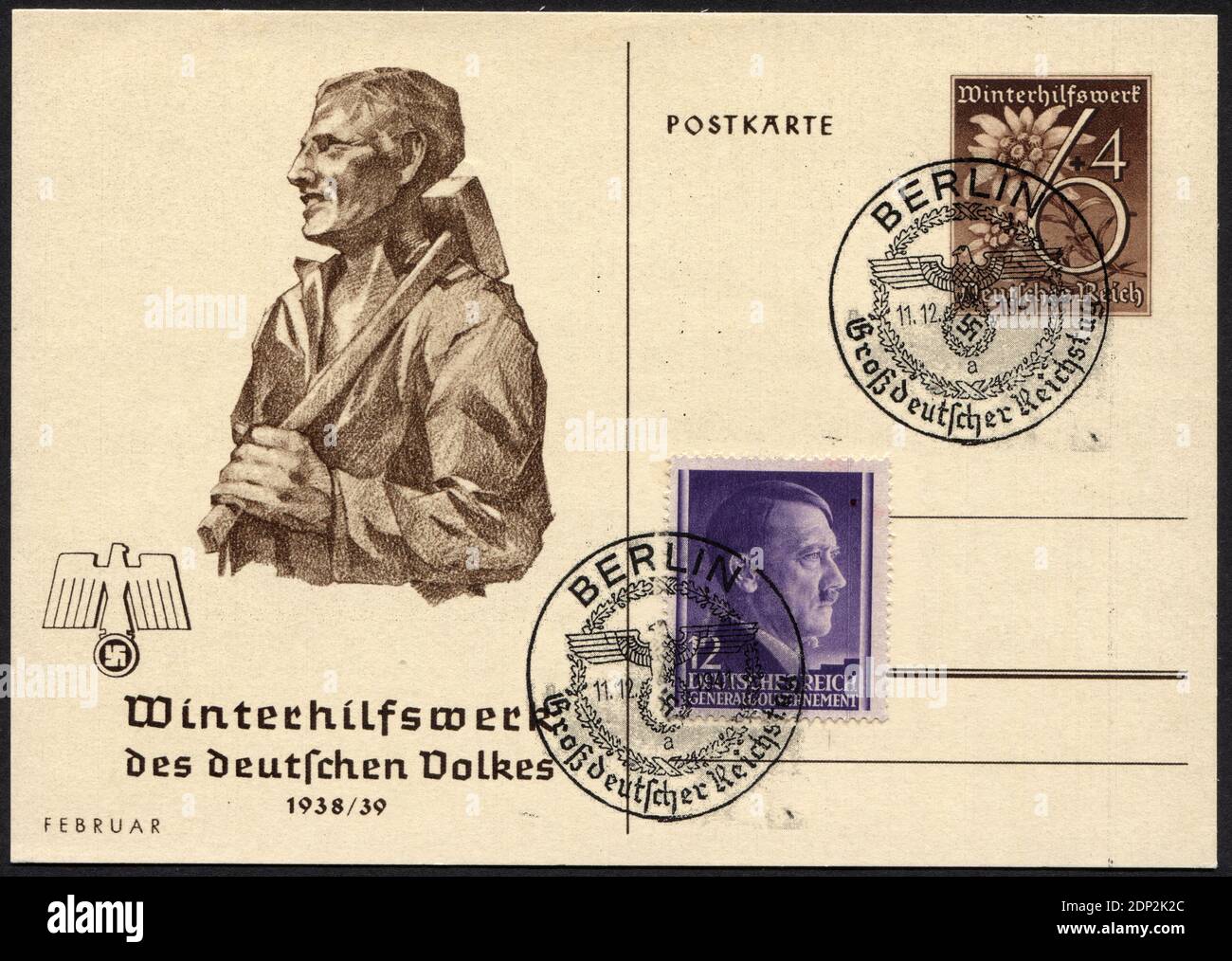 ALLEMAGNE - VERS 1938: Postacard imprimé en Allemagne, issue Winter relief, montré un travailleur avec un marteau de traîneau, vers 1938 Banque D'Images